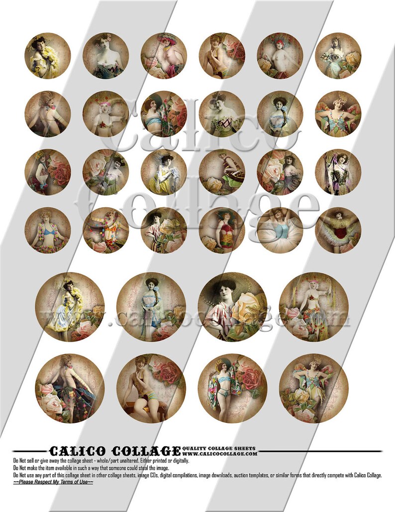 May include: A collage sheet featuring 28 circular images of vintage women in various poses, adorned with flowers and elegant attire. The images have a sepia tone with a textured background, evoking a classic aesthetic. The sheet includes the text "CALICO COLLAGE".