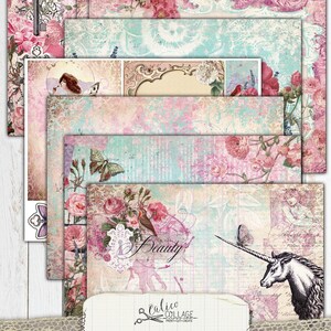 May include: A digital junk journal kit with a whimsical theme. The kit includes 10 printable pages featuring a unicorn, butterflies, flowers, and vintage-inspired designs. The pages are in shades of pink, blue, and white with a distressed, textured look. The kit is titled "Exquisite Dreamer Junk Journal Kit" and is from the Calico Collage brand.