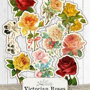 May include: A set of ten digital collage sheets featuring vintage illustrations of Victorian roses in various colours, including red, yellow, pink, and white. The images are perfect for crafting, scrapbooking, and other creative projects.