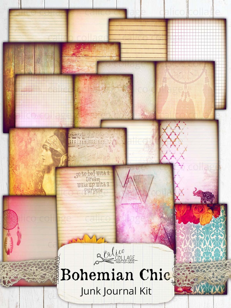 Printable Junk Journal Kit, Digital Boho Scrapbook Paper Prints ...