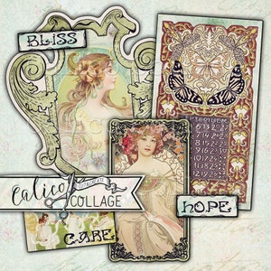 Printable Art Nouveau Ephemera Pack, Nouveau Fantasy, Mucha Ephemera