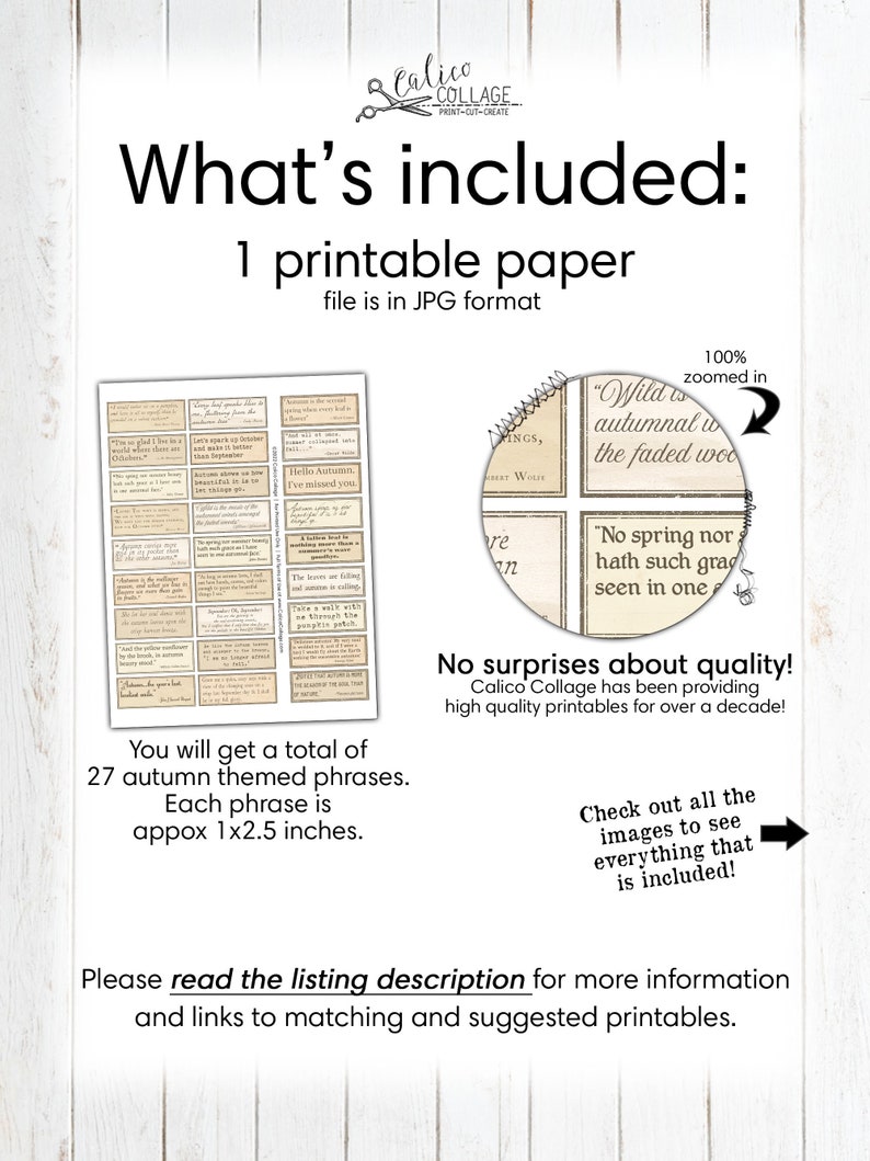 Puede incluir: Una hoja de papel imprimible con 27 frases de tem&aacute;tica oto&ntilde;al, cada una mide aproximadamente 1 por 2,5 pulgadas. Las frases est&aacute;n impresas en una fuente de estilo vintage sobre un fondo color crema. El texto incluye citas como "Salvaje es el viento oto&ntilde;al que sopla por los bosques descoloridos." y "Ni la primavera ni la belleza del verano tienen tanta gracia como la que he visto en un rostro oto&ntilde;al."