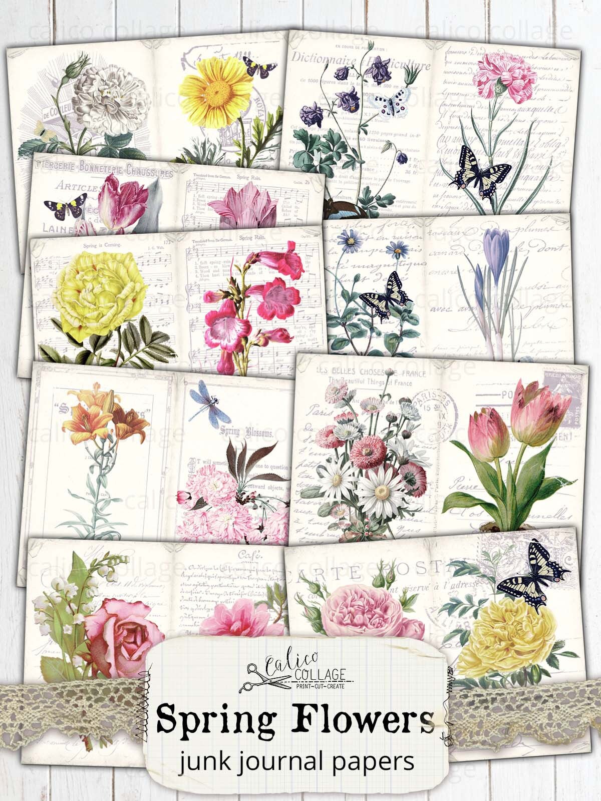 Spring Junk Journal Digital Paper Pack Prints, Spring Ephemera, Floral ...