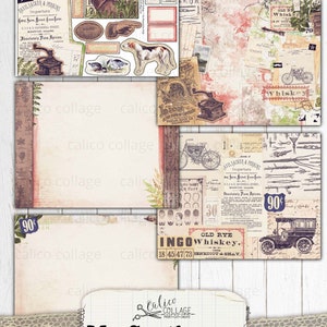 May include: A digital junk journal kit with a vintage aesthetic. The kit includes images of a hound dog, a vintage car, a bottle of whiskey, a bingo card, and a coffee grinder. The kit also includes several patterned papers and ephemera.