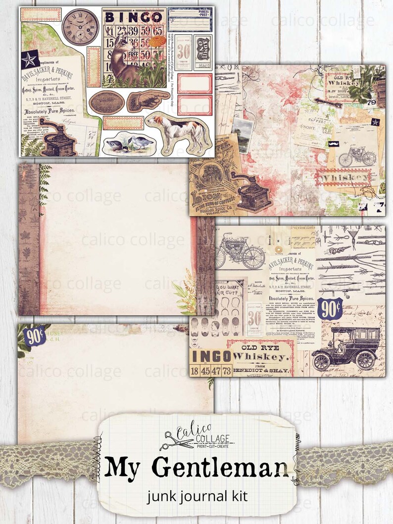 May include: A digital junk journal kit with a vintage aesthetic. The kit includes images of a hound dog, a vintage car, a bottle of whiskey, a bingo card, and a coffee grinder. The kit also includes several patterned papers and ephemera.