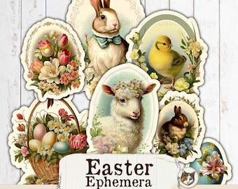 May include: A set of printable Easter ephemera featuring images of a bunny, a chick, a lamb, a basket of eggs, and flowers. The images are in a vintage style and are perfect for scrapbooking, card making, or other crafting projects. Print, cut, and create!
