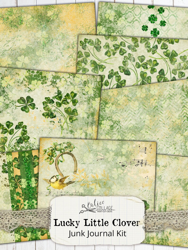 St Patricks Day Junk Journal Kit Ephemera Pack, Lucky Little Clover, Irish Ephemera image 3