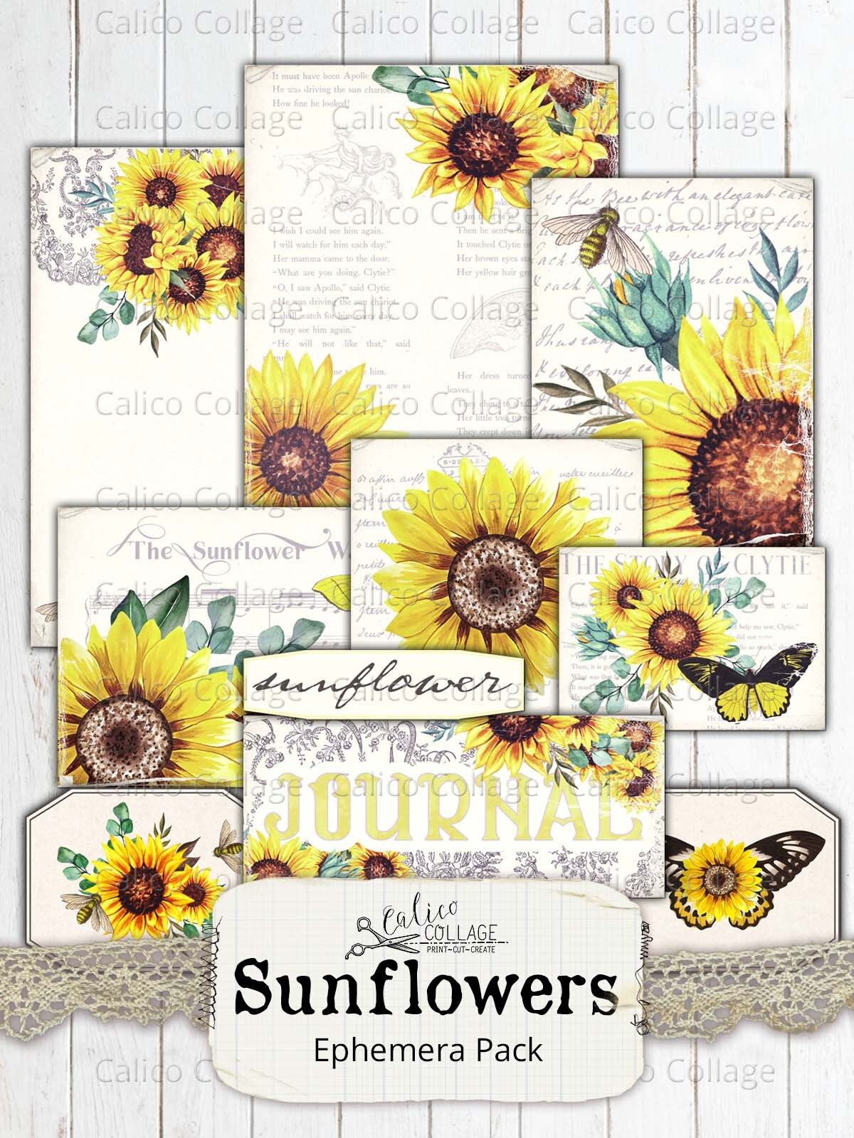 Printable Sunflower Ephemera Pack, Vintage Junk Journal Supplies ...