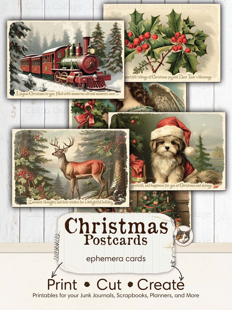 Puede incluir: Un conjunto de postales navide&ntilde;as vintage con un tren, un ciervo, un perro, un &aacute;rbol de Navidad y una rama de acebo. Las postales est&aacute;n impresas en papel envejecido y tienen un aspecto r&uacute;stico y antiguo. El texto en las postales dice "A joyous Christmas to you, filled with memories old and moments new." y "Warmest thoughts and best wishes for a delightful holiday."