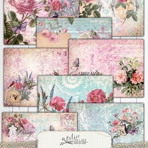 May include: A digital junk journal kit with a vintage aesthetic. The kit includes 10 printable pages featuring floral designs, butterflies, birds, and text. The pages are in shades of pink, blue, and green. The text on the pages includes "Beauty", "Exquisite", and "Classic Facade 1".