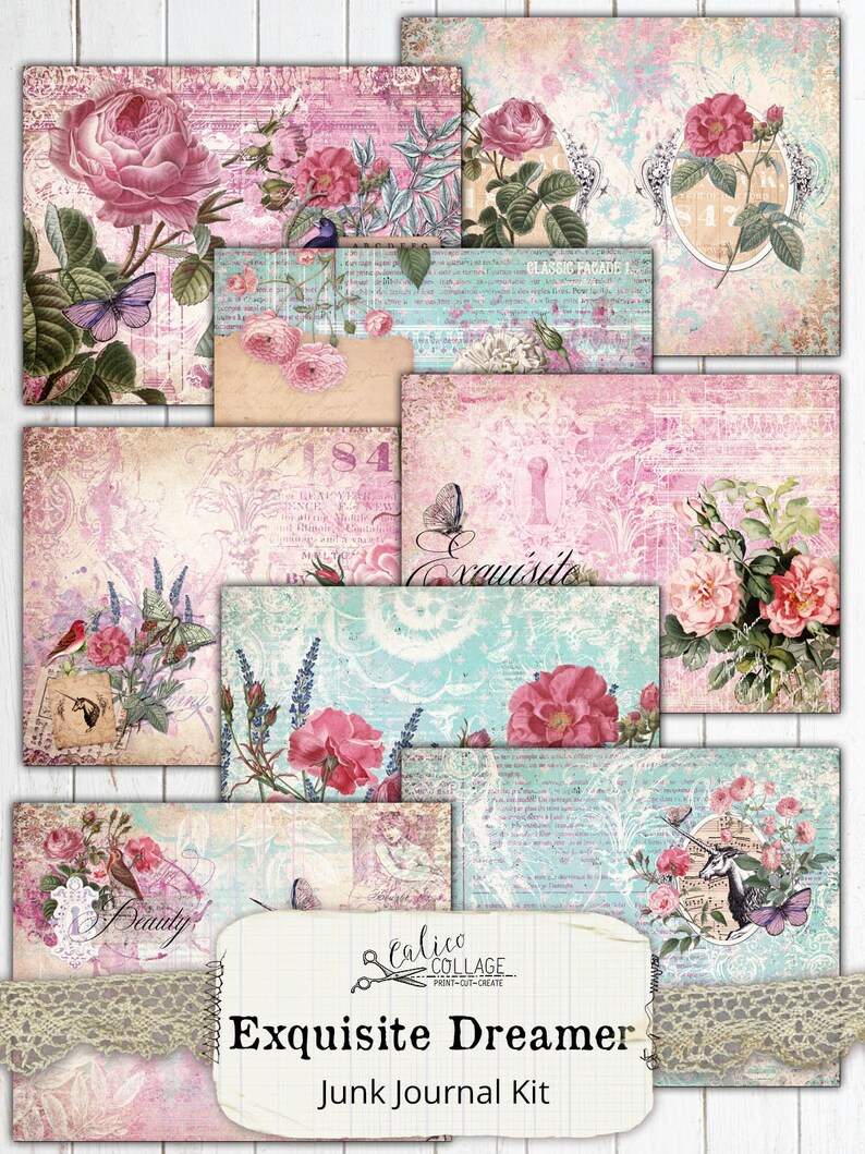 May include: A digital junk journal kit with a vintage aesthetic. The kit includes 10 printable pages featuring floral designs, butterflies, birds, and text. The pages are in shades of pink, blue, and green. The text on the pages includes "Beauty", "Exquisite", and "Classic Facade 1".