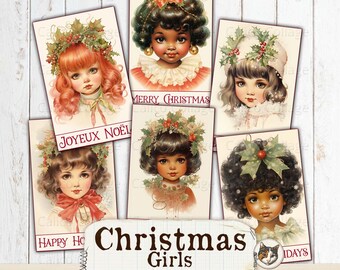 Christmas Junk Journal Ephemera, Retro Christmas Girls, Vintage Christmas Ephemera, Christmas Printable, Holiday Junk Journal, Collage Sheet