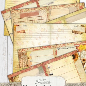 May include: A printable junk journal planner kit with an autumn theme. The kit includes pages with lined paper, a calendar grid, and a gratitude journal. The pages are decorated with fall leaves, flowers, and a vintage style font. The text on the kit reads "Simply Autumn Junk Journal Planner Kit".