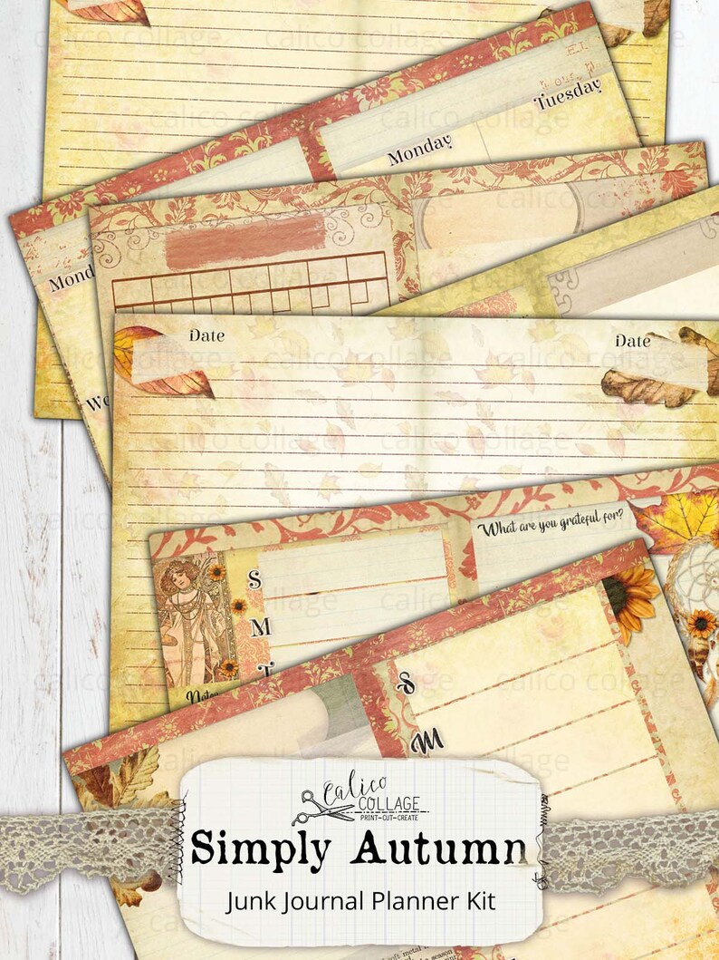 May include: A printable junk journal planner kit with an autumn theme. The kit includes pages with lined paper, a calendar grid, and a gratitude journal. The pages are decorated with fall leaves, flowers, and a vintage style font. The text on the kit reads "Simply Autumn Junk Journal Planner Kit".