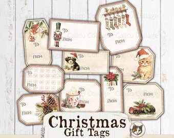 Christmas Gift Tags, Junk Journal Printable Ephemera, Vintage Holiday Name Tags, Ephemera Labels, Printable Digital Collage Sheet