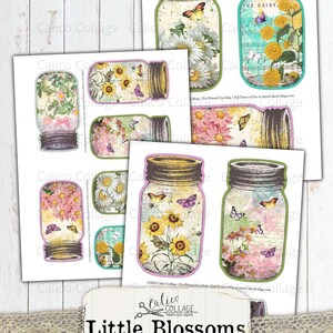May include: A collection of mason jar tags featuring floral designs with butterflies. The tags showcase various flowers like daisies and sunflowers, with a vintage aesthetic. The text "Little Blossoms" and "Mason Jar Tags" is visible.