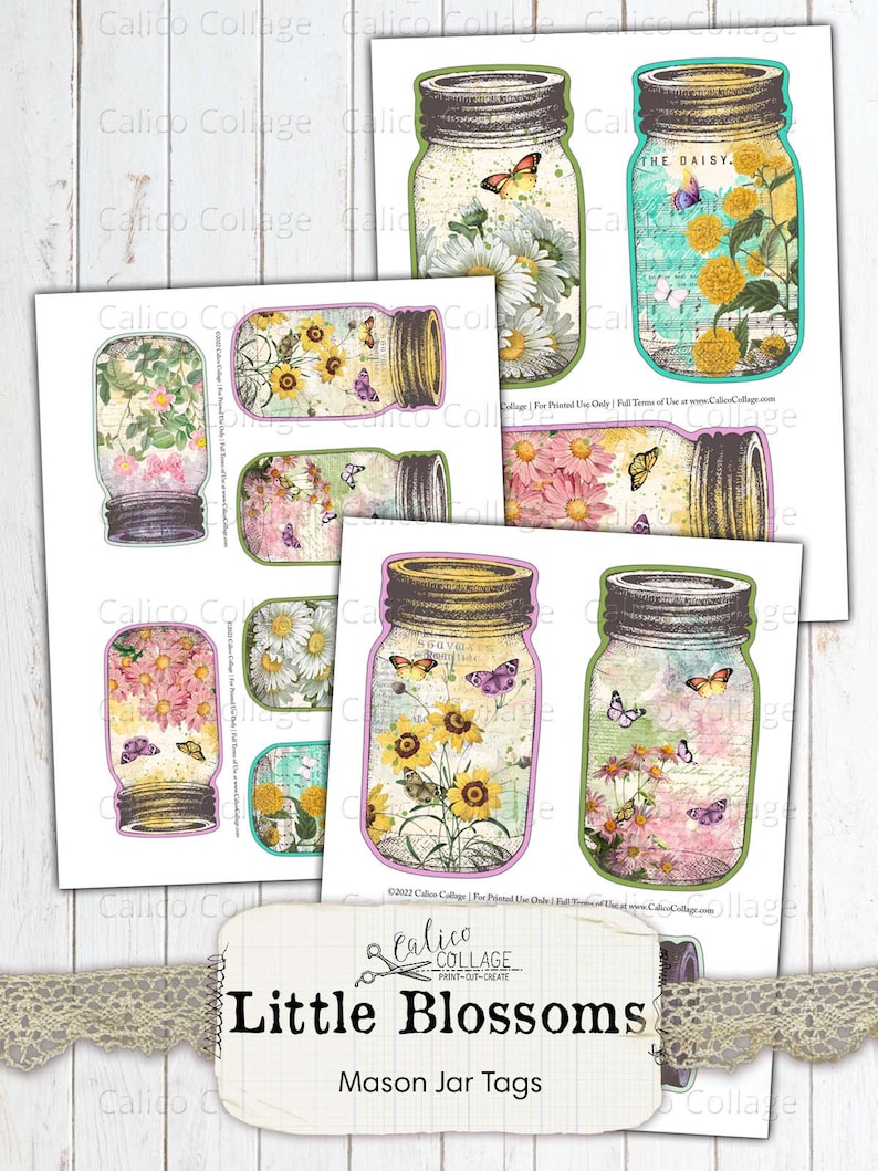May include: A collection of mason jar tags featuring floral designs with butterflies. The tags showcase various flowers like daisies and sunflowers, with a vintage aesthetic. The text "Little Blossoms" and "Mason Jar Tags" is visible.