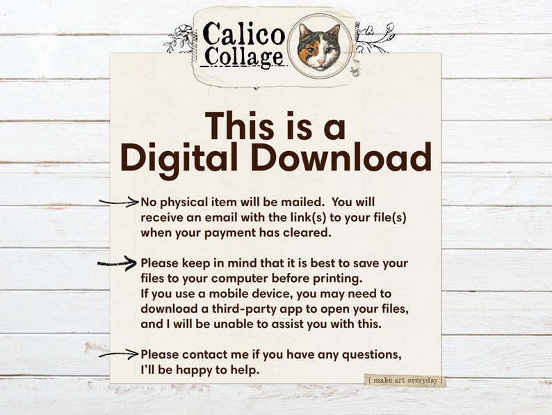 Puede incluir: Un aviso de descarga digital con una ilustraci&oacute;n de un gato y el texto "Esto es una descarga digital". El aviso explica que no se enviar&aacute; ning&uacute;n art&iacute;culo f&iacute;sico y que el comprador recibir&aacute; un correo electr&oacute;nico con un enlace al archivo(s) cuando el pago se haya liquidado. Tambi&eacute;n aconseja a los compradores que guarden los archivos en su computadora antes de imprimirlos y que pueden necesitar descargar una aplicaci&oacute;n de terceros para abrir los archivos si usan un dispositivo m&oacute;vil.