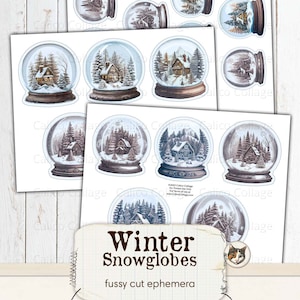 May include: Nine printable images of winter snow globes with a cabin and trees inside. The images are on a white background with the text "Winter Snowglobes" and "fussy cut ephemera" below the images. The text "Print Cut Create" is at the bottom of the page with the text "Printables for your Junk Journals, Scrapbooks, Planners, and More" below it.