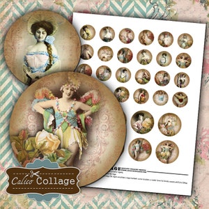 May include: Vintage collage sheet featuring circular images of women in antique clothing and floral designs. The sheet includes a large image of a woman in a blue and yellow costume, and a smaller image of a woman in a hat. The text "Calico Collage" is also visible.
