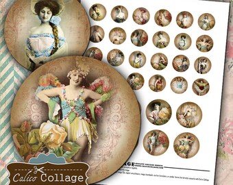 Burlesque and Roses Digital Collage Sheet Printable in 1in and 1.5in Circles for Pendants, Magnets, Jewelry, Decoupage, Paper Crafts