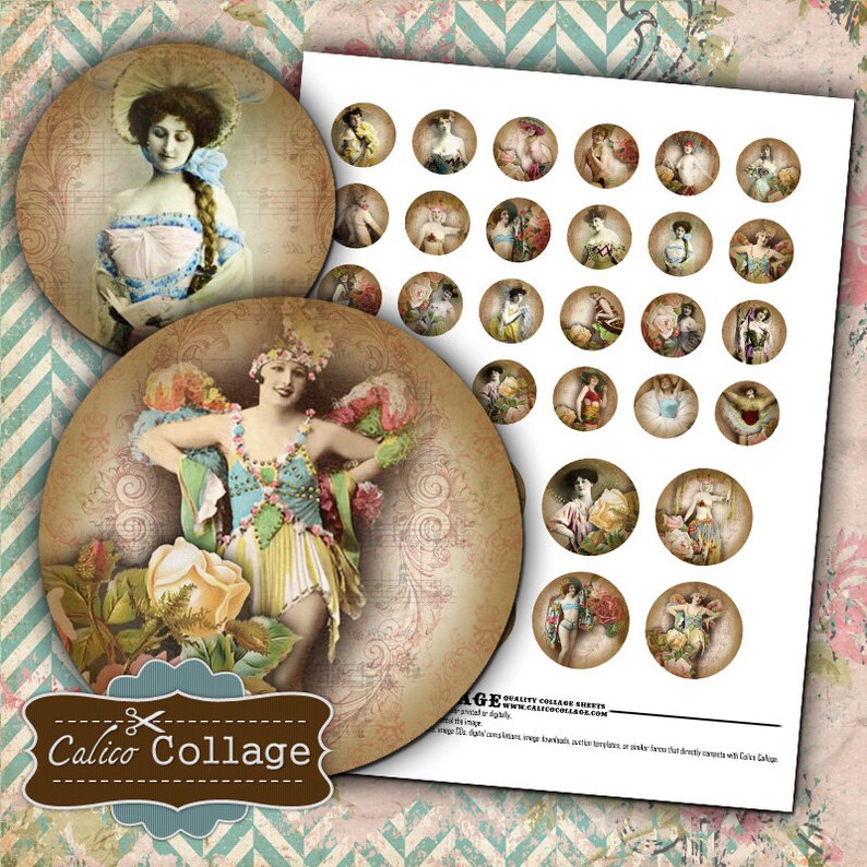May include: Vintage collage sheet featuring circular images of women in antique clothing and floral designs. The sheet includes a large image of a woman in a blue and yellow costume, and a smaller image of a woman in a hat. The text "Calico Collage" is also visible.