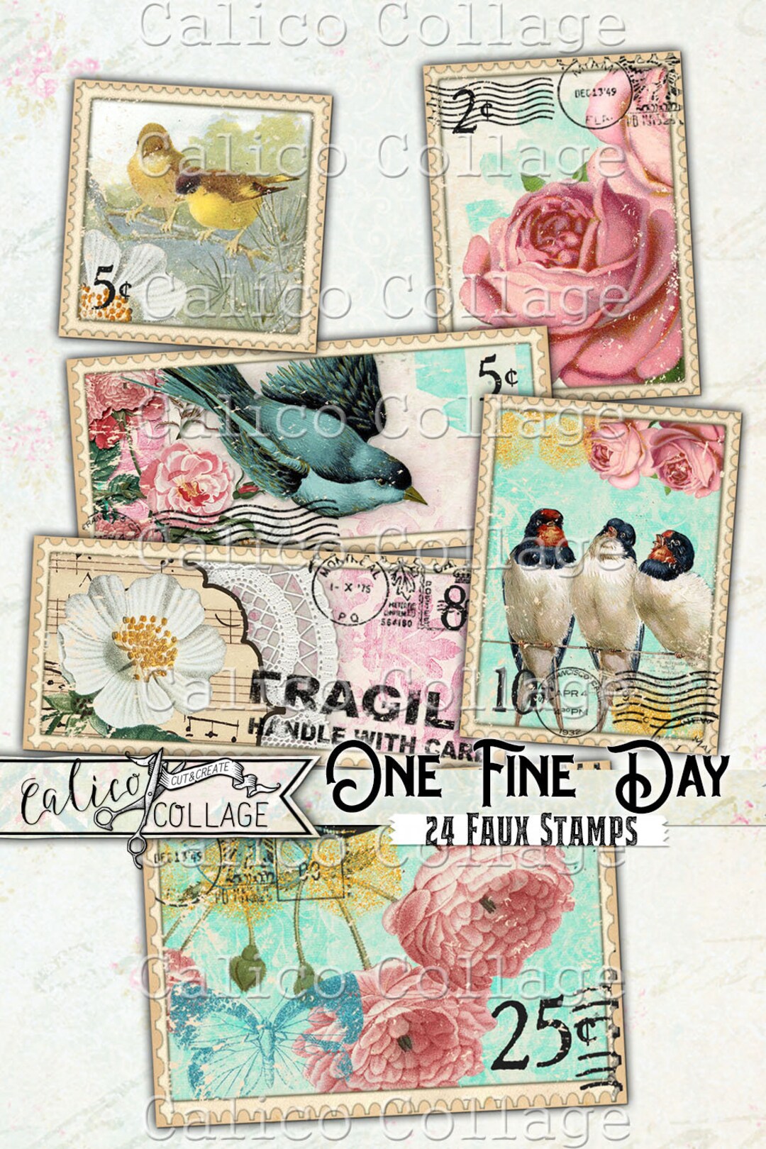 Printable Vintage Stamps Junk Journal Ephemera Pack, One Fine Day - Etsy