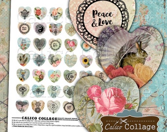 Boho Heart Digital Collage Sheet, 25mm Hearts, Images for Pendants, Heart Cabochons, Printable Download, Digital Sheet, Printable Paper