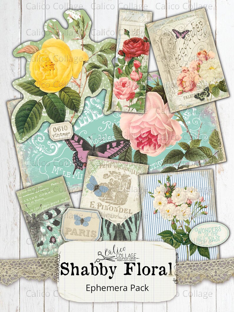 Printable Ephemera Pack Shabby Floral Junk Journal Kit Vintage French ...