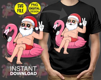 SVG de Navidad en julio, PNG de flamenco de Papá Noel, Clipart de Papá Noel de verano, Descarga digital para camisetas, Diseño de tazas, Navidad 2025, Materiales para manualidades