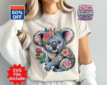 Koala PNG, Floral Koala Clipart, Cute Koala Bear, Boho Flower Png, Sublimation Png, Digital Download PNG, Koala Art, SVG File Download