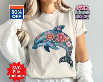 Dolphin PNG, Floral Dolphin Clipart, Ocean Png, Flower Dolphin, Boho Dolphin, Sublimation Png, Digital Download, SVG File Download
