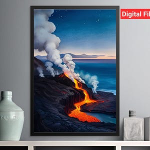 Volcano Landscape Wall Art, Watercolor Volcano Print, Night Sky Lava Flow Art, Digital Download PNG, Nature Scenery Artwork