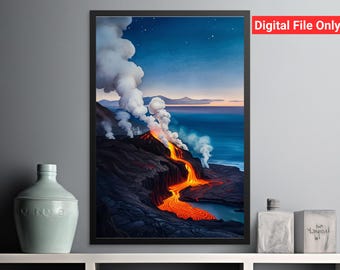 Arte de pared con paisaje de volcán, impresión de acuarela de volcán, arte de flujo de lava de cielo nocturno, descarga digital PNG, obra de arte de paisaje natural