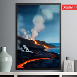 Volcano Eruption Wall Art, Digital Download PNG File, Nature Landscape Painting, Fiery Lava Abstract, Watercolour Art Print