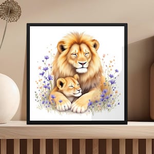 Wall Art Prints Digital Download, Stunning Lion and Cub Watercolor Art Print, Wild Animal Wall Decor, Watercolour Lion Artwork, Animal Lover