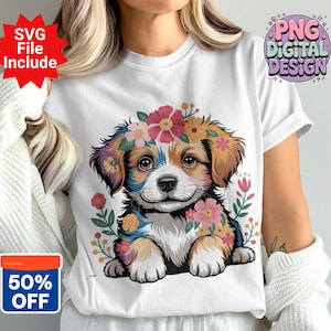 Flower Puppy PNG, Floral Dog Clipart, Puppy Png, Dog Png, Boho Floral Puppy, Sublimation Png, Digital Download