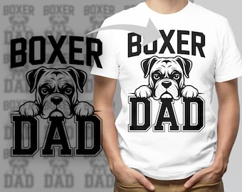 May include: White t-shirt with a black and white illustration of a Boxer dog and the text "Boxer Dad".