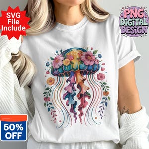 Jellyfish Png, Floral Jellyfish Clipart, Ocean Png, Rainbow Jellyfish, Boho Jellyfish Png, Sublimation Png, Digital Download
