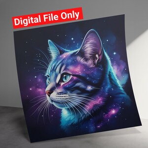 Cat Wall Art Print, Space Cat Digital Art, Cosmic Cat Decor, Animal Art Poster, Galaxy Cat Digital Download, Celestial Cat Artwork