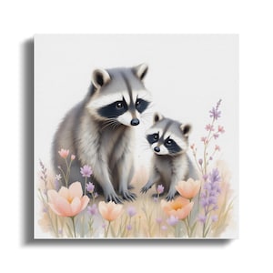 Raccoon Family Watercolor Art Print, Cute Raccoon and Baby in Floral Garden, Nursery Wall Art, Digital Download Wildlife Print, Png File