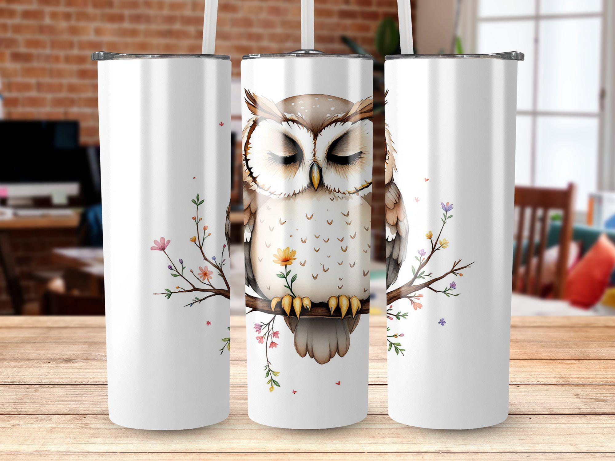 Rustic Owl Digital Tumbler Wrap PNG, Cute Woodland Owl on Branch, Floral Owl PNG for Sublimation Tum