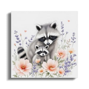 Cute Raccoon Family Watercolour Art, Digital Download Wall Art Prints, Woodland Animals Nursery Wall Art, Baby Animal Print, Adorable