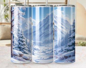 Snowy Mountain Winter Landscape Digital Download Tumbler Wrap PNG file, Scenic Winter Wonderland Background, Winter Mountains Tumbler Wrap