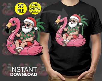 Christmas In July, Santa Flamingo Float, Digital Download, SVG, PNG, Summer Santa, Funny Christmas, Beach Holiday, Festive Digital Art
