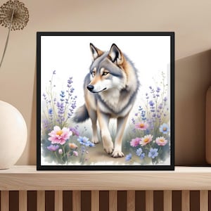 Wall Art Wolf Watercolor Art Print, Digital Download, Wolf and Flowers Illustration, Nature Wall Art, Printable Decor, Wildlife Artwork 2024