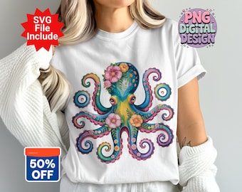 Floral Octopus Png, Octopus Clipart, Sea Creature Png, Boho Octopus, Sublimation Png, Digital Download, Ocean Animals
