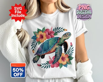Tortuga marina floral PNG, clipart de tortuga hibisco, tortuga PNG, tortuga flor, sublimación PNG, descarga digital