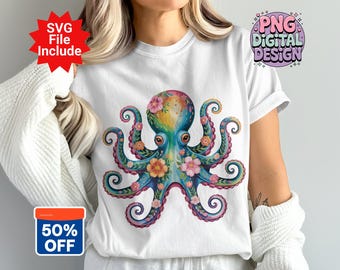Floral Octopus PNG, Octopus Clipart, Boho Octopus, Flower Octopus Png, Sublimation Png, Digital Download