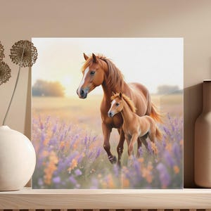 Horse and Foal Walking Through Flower Field, Digital Wall Art Canvas Print, Nature Scenery, Animal Art Download, Sunlit Pasture, Horse Decor